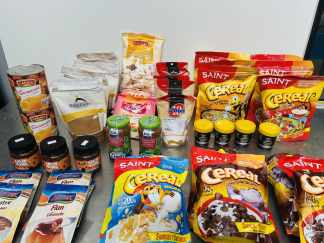 Lote #012 - Duraznos en almíbar, azúcar rubia, crema de maní, postres para preparar, mermelada dietética, cereales, coco rayado, maicena, azúcar impalpable y miel - 48 unidades