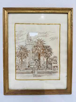 Lote #077 - Dibujo a tinta Plaza Independendencia, firma Pierre Fossey - 24x31cm - 36x45cm