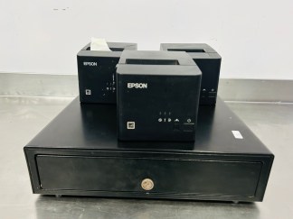 Lote #021 - Cajón de chapa (sin llaves) + tres ticketeras ¨Epson¨