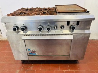 Lote #001 - Cocina industrial a gas en Ac/Inox con 4 fuegos, plancha y horno ¨Cook Matic¨- 110cmx75x86cm