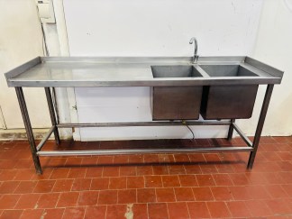 Lote #026 - Mesada de Ac/inox de alto calibre con doble bacha y grifería  - 202x61x96cm - bachas = 40x40x40cm c/u