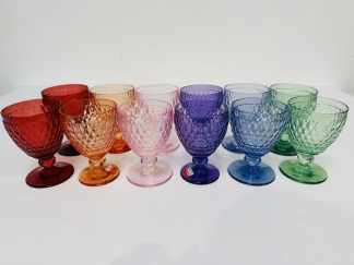 Lote #024 - 12 copas de vidrio prensado de la marca Villeroy & Boch (origen Alemania) de la línea Boston Coloured, para agua o jugos. Sin uso -  14cm