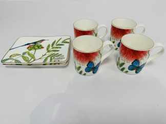 Lote #059 - Cuatro tazas y dos platos de porcelana de la marca Villeroy & Boch (origen Alemania) de la línea Amazonia. Sin uso, 8cm